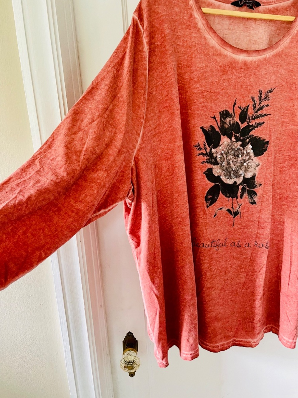 Ulla Popken Rust Pink Floral 3/4 Sleeve Tee Top Plus Size 28/30 Sequin Rose Boho - Picture 6 of 9